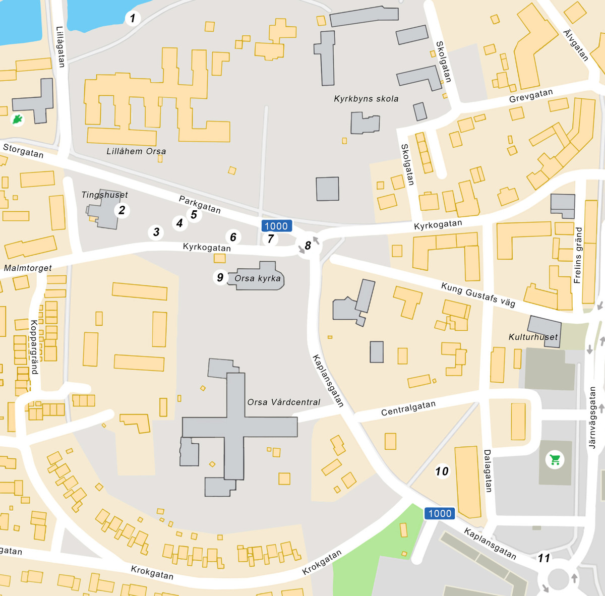 Karta över konstverk I Orsasandsten på promenadavstånd från Kulturhuset.