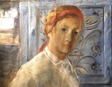 Målning av kvinna i Orsadräkt av konstnären Åke Johansson