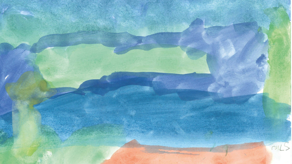 En färgglad barnteckning i blå och gröna färger. Illustration.