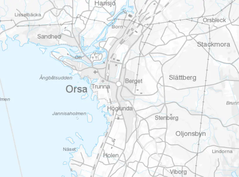 Kartvy över Orsa centrum och närliggande områden. Karta.