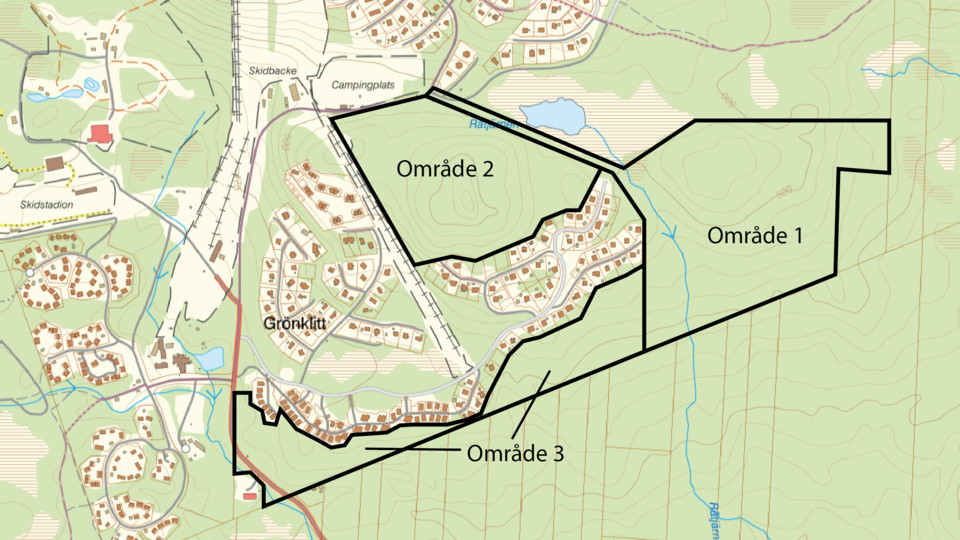 Karta som visar olika områden i Grönklitt aktuella för detaljplan