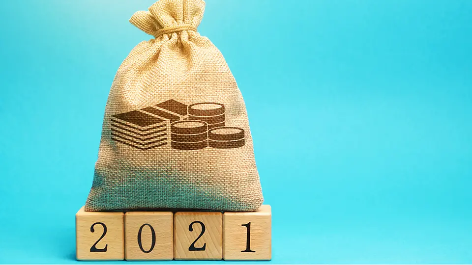 Säck med pengar står på träkuber med texten Budget 2021