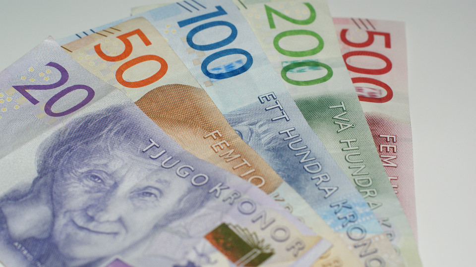 Sveriges sedlar. 20, 50, 100, 200 och 500 kr.