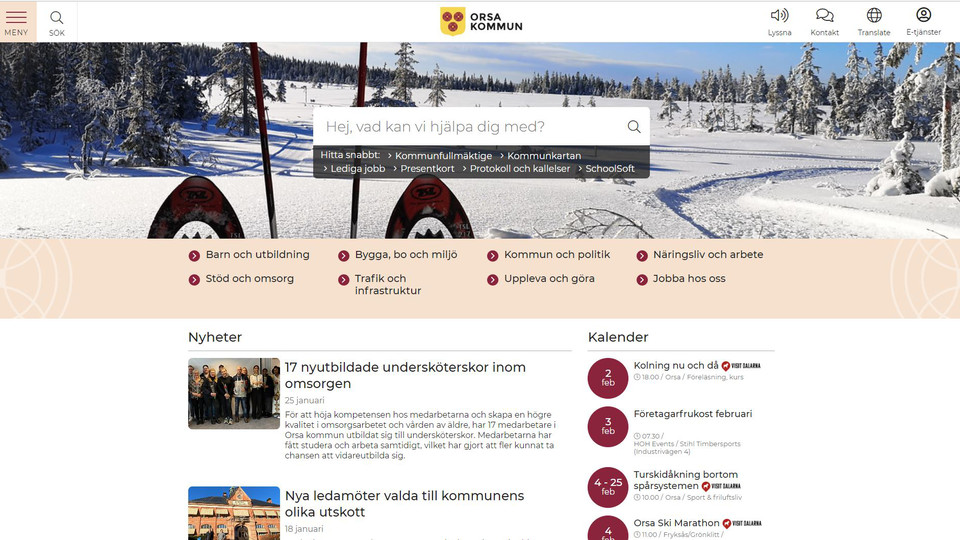 Ögonblicksbild av startsidan på kommunwebben orsa.se.