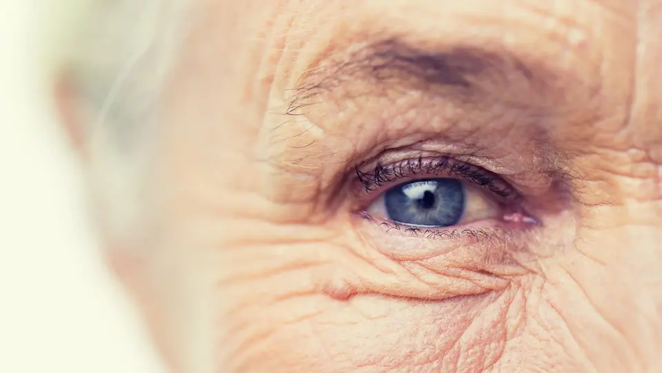 Närbild på äldre kvinnas öga. Foto.